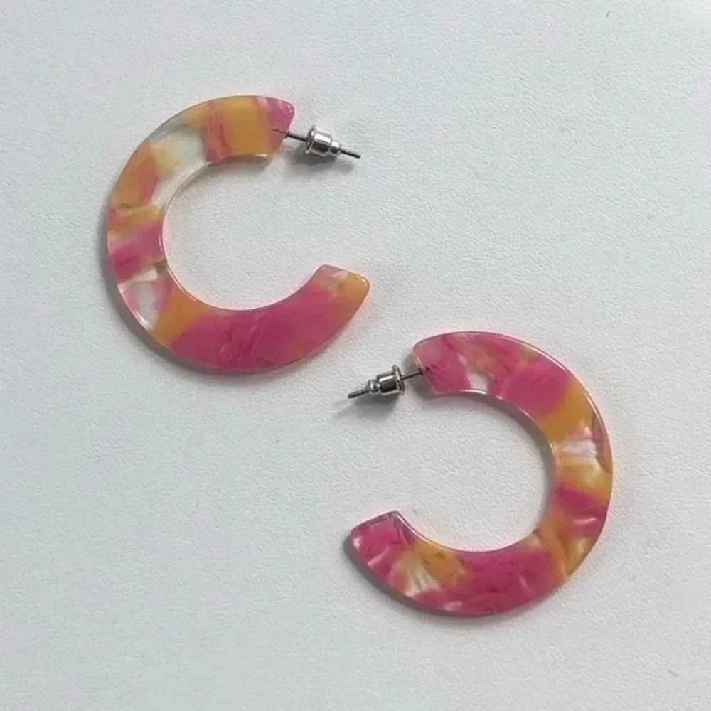 Yellow & Pink Semi Hoop Acrylic Stainless Steel Earrings NWT